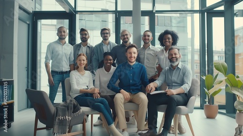 Team of happy diverse people meeting at professional business event Group portrait smiling young senior multiethnic men and women in smart casual wear in modern office interior with bi : Generative AI