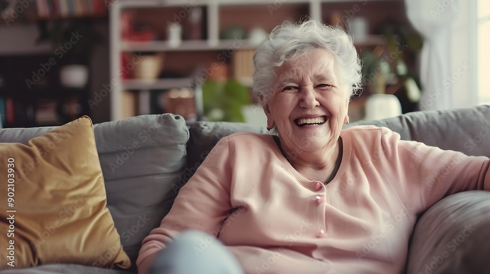 Happy face and senior woman on sofa to relax in home or grandma laughing with happiness and freedom in retirement Portrait elderly person and smile in living room house or thinking of : Generative AI Happy face and senior woman on sofa to relax in home or grandma laughing with happiness and freedom in retirement Portrait elderly person and smile in living room house or thinking of : Generative AI