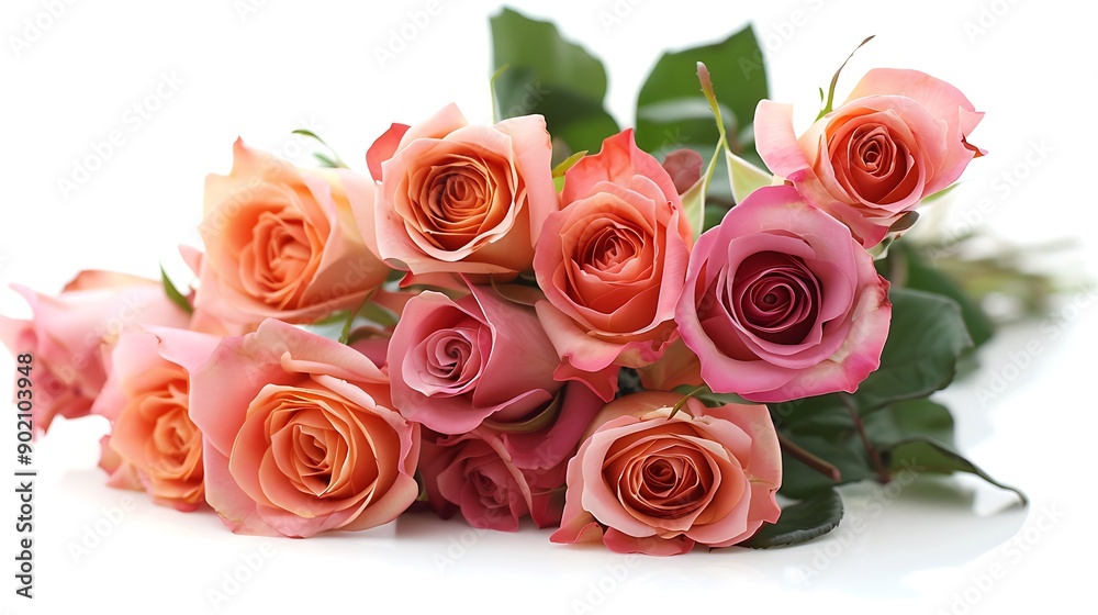 A Close-Up View of Exquisite Pink and Orange Roses Against a Leafy Background