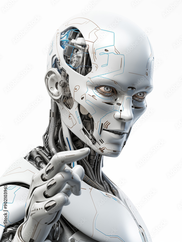 Fototapeta premium Humanoid Robot Pointing Finger and Thumb Raised, on White Background, Image for Creative Advertisements, Banners, and General Advertising