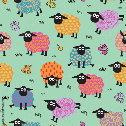 Cute colorful sheep seamless pattern. Green background.