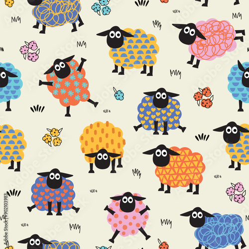 Funny colorful sheep seamless pattern.
