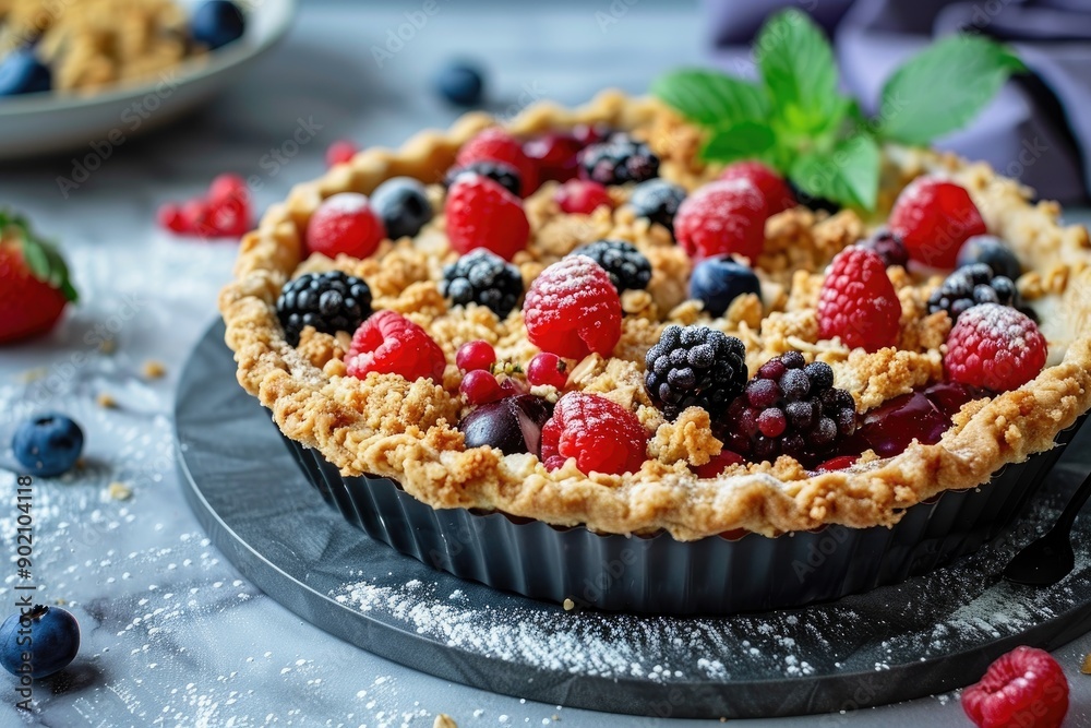 A pie with berries and a mint leaf on top. The pie is on a black plate and is surrounded by blueberries