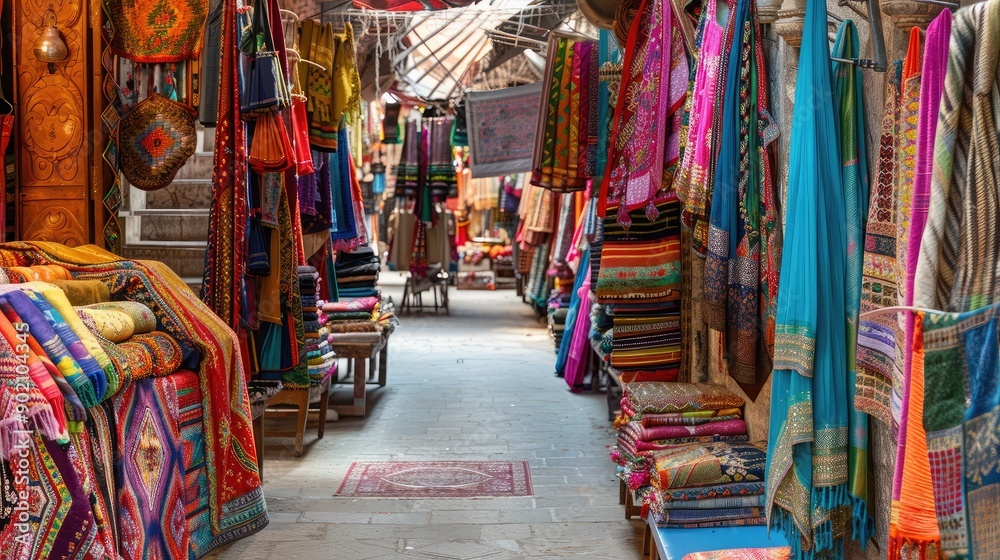 A colorful Indian bazaar filled with textiles, with copy space on the left. A colorful Indian bazaar filled with textiles, with copy space on the left.
