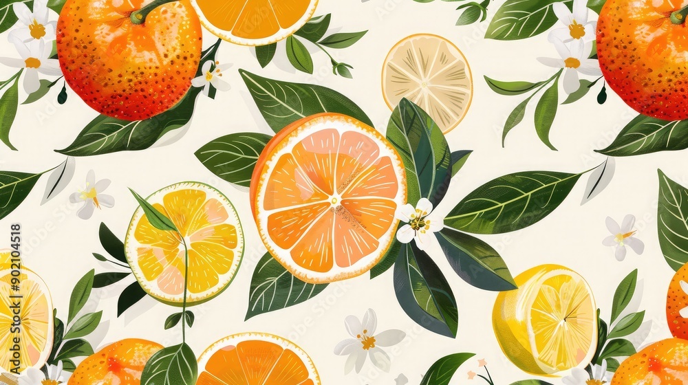 A seamless pattern featuring citrus fruits with leaves and flowers. A seamless pattern featuring citrus fruits with leaves and flowers.