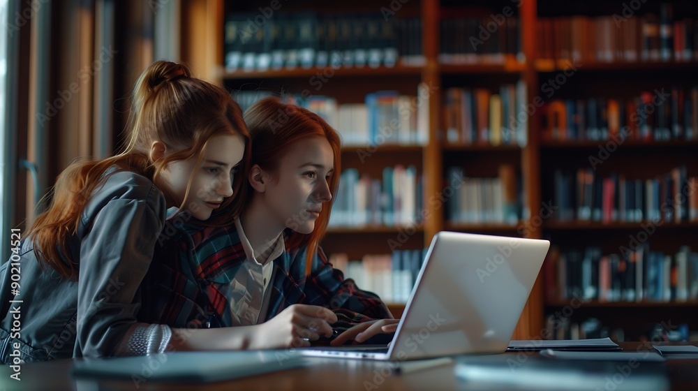 Redhead tutor teaches teenage girl in library using laptop for modern education after school lessons : Generative AI Redhead tutor teaches teenage girl in library using laptop for modern education after school lessons : Generative AI