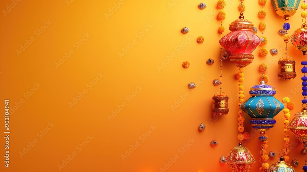 Fototapeta premium A vibrant Indian festival with colorful decorations, with blank space for text on the right.