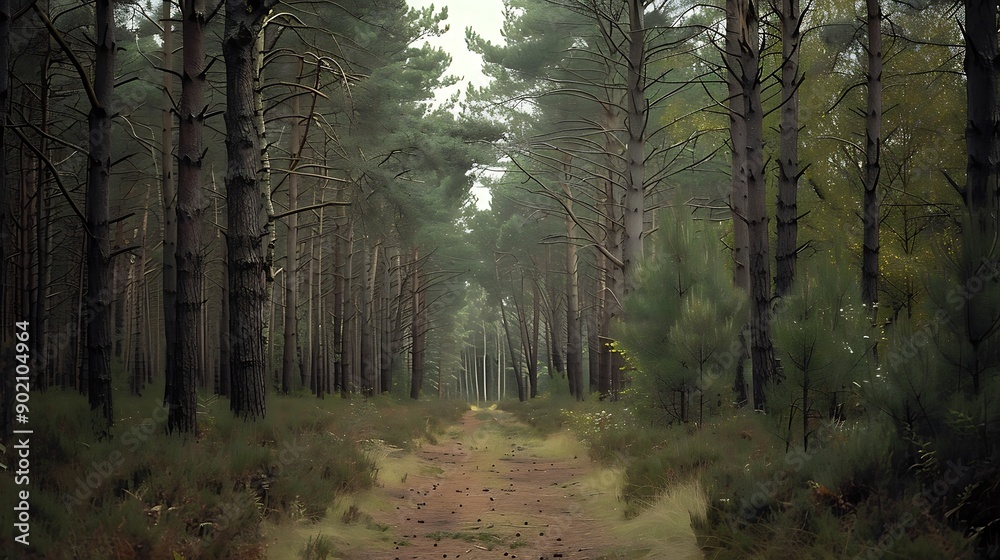 Obraz premium Serene Pathway Through a Majestic Forest Lined with Towering Trees