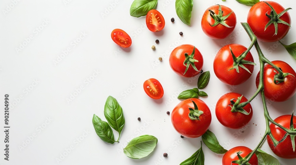 Fototapeta premium Tomatoes and basil on white background with space for text