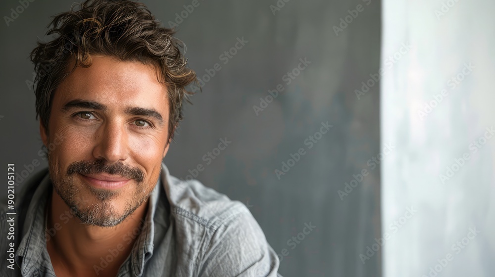 Attractive man with a gentle smile, looking at the camera. Plenty of copy space on the right side.