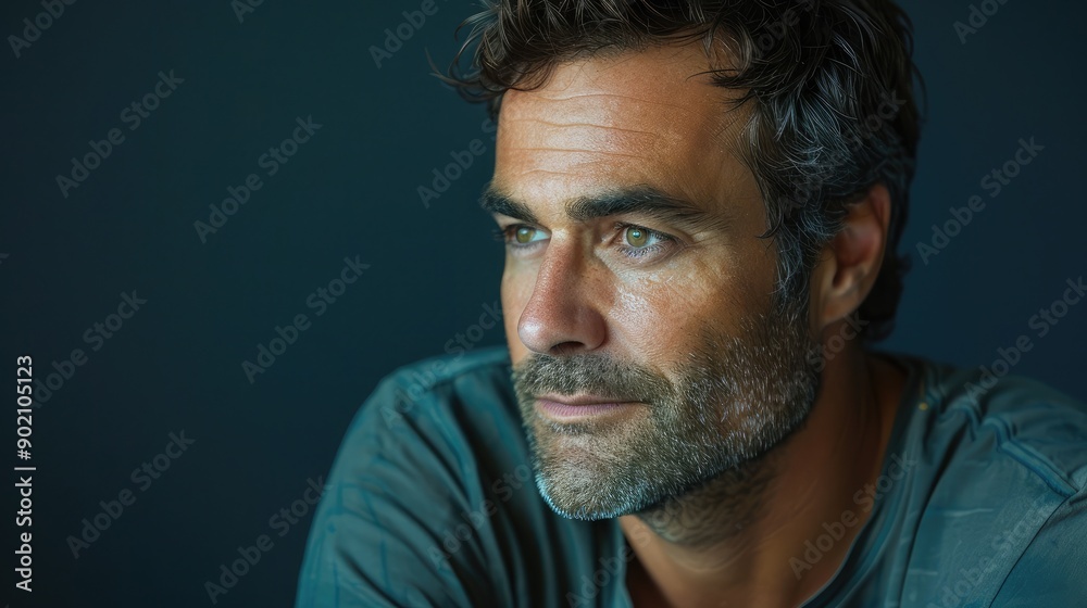 Obraz premium Attractive man with a rugged look, gazing off-camera. Ample copy space on the left side.
