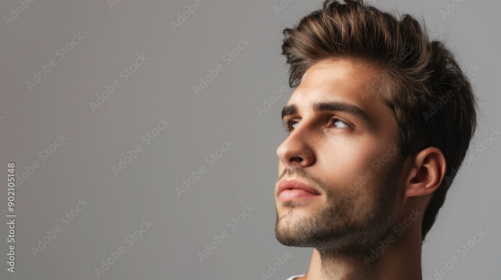 Attractive man with natural charisma, looking serene. Blank space on the left for text or logos. Attractive man with natural charisma, looking serene. Blank space on the left for text or logos.