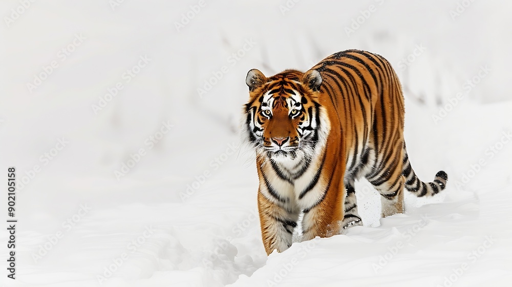 Obraz premium Careful amur tiger is walking on a white snow and looking away Siberian tiger Panthera tigris tigris Animals in wildlife : Generative AI