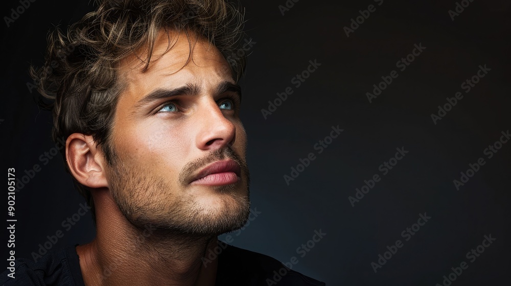 Attractive man with natural charisma, looking serene. Blank space on the right for text or logos. Attractive man with natural charisma, looking serene. Blank space on the right for text or logos.