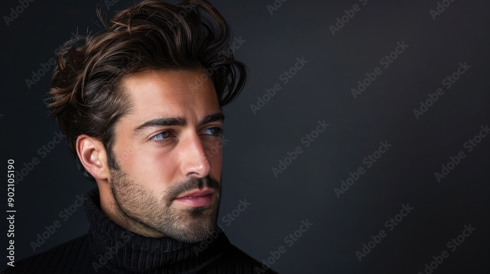 Fototapeta premium Attractive man with styled hair, looking thoughtfully to the side. Ample copy space on the left side.