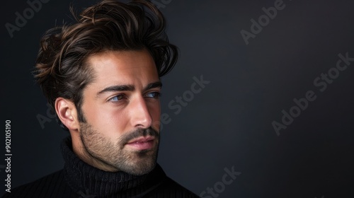 Attractive man with styled hair, looking thoughtfully to the side. Ample copy space on the left side.