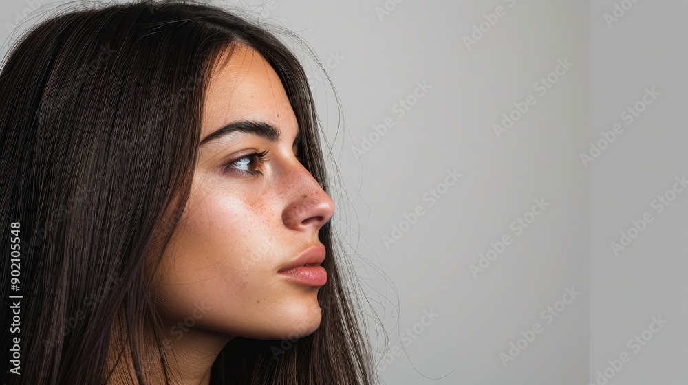 Beautiful woman with long hair, looking thoughtfully to the side. Copy space on the left for text.