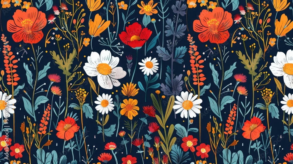 Bohemian seamless pattern of meadow wildflowers.