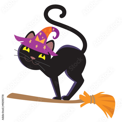 Funny Halloween black cat on broom 
vector cartoon illustration