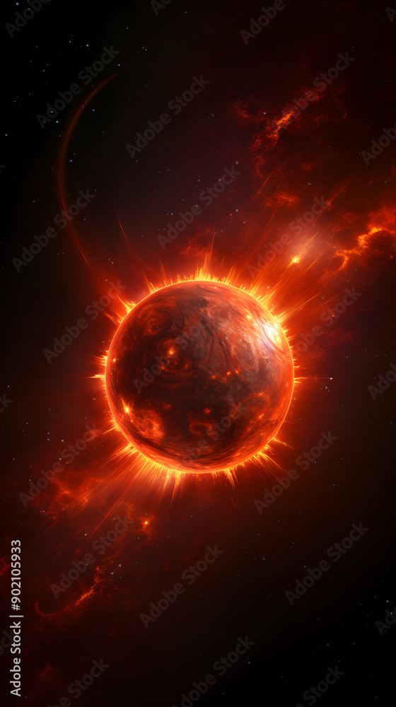Fototapeta premium A fiery red planet glows brightly in the dark space, surrounded by swirling red nebulae and sparkling stars.