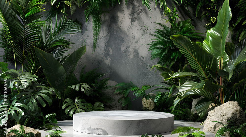 Podium background product green nature 3D forest stand white plant. Cosmetic background product podium display wood jungle studio garden beauty platform presentation mockup pedestal stone tropical