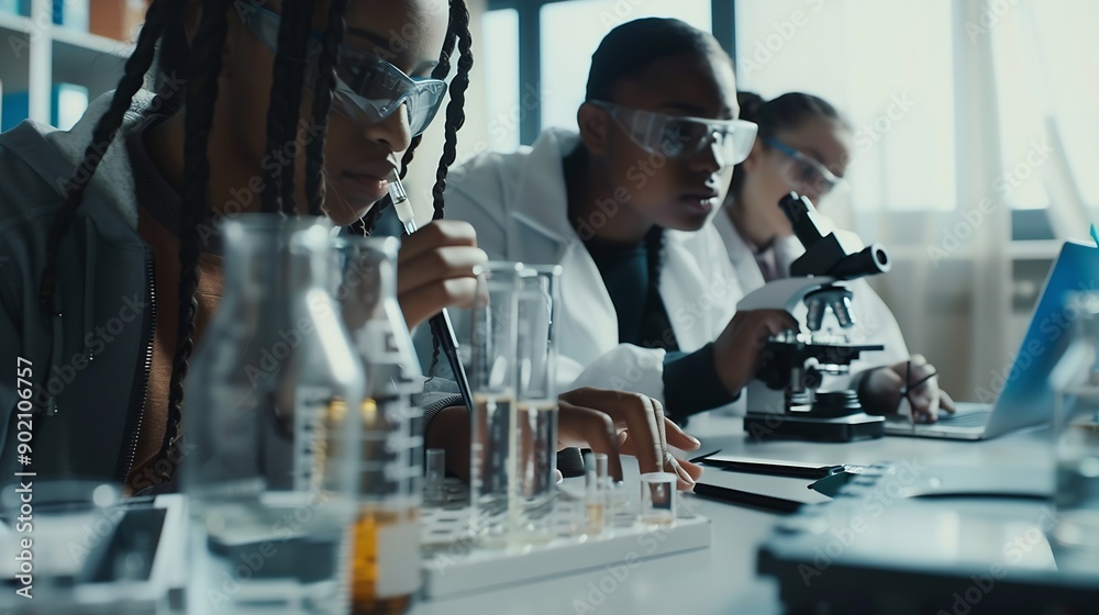 Students learning in science classroom Focused young students experiment with chemicals using flasks and test tubes with microscope and laptop on clean white desk in classroom : Generative AI Students learning in science classroom Focused young students experiment with chemicals using flasks and test tubes with microscope and laptop on clean white desk in classroom : Generative AI