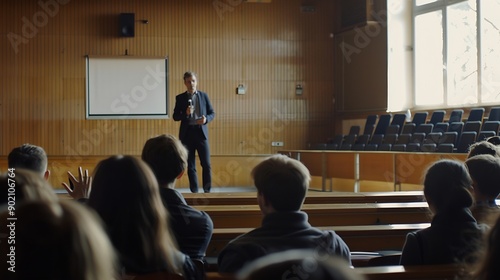 Male lecturer giving presentation to university students : Generative AI