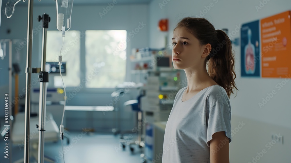 Obraz premium A young woman stands contemplatively in a rehab clinic amidst medical equipment and educational posters : Generative AI