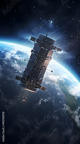 Fototapeta Naklejka Na Ścianę i Meble -  A futuristic space station orbits Earth, showcasing a stunning view of the planet's clouds and the vast expanse of space.