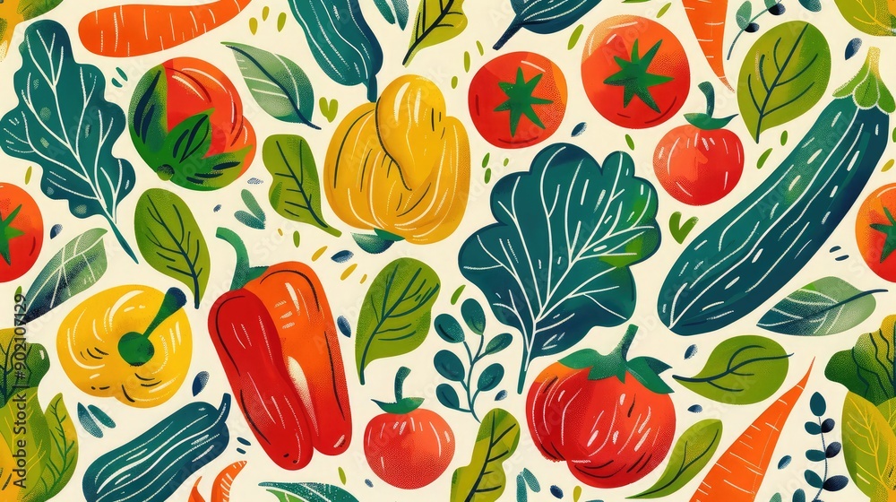 Bright and vibrant seamless pattern of mixed vegetables and leaves. Bright and vibrant seamless pattern of mixed vegetables and leaves.