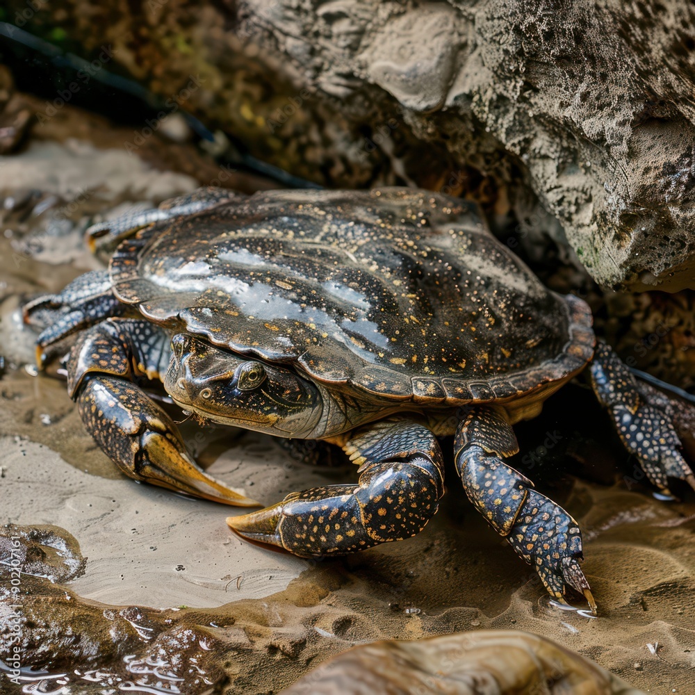 Majestic Turtle Resting on the Shoreline of a Serene Riverbank at Sunset Majestic Turtle Resting on the Shoreline of a Serene Riverbank at Sunset