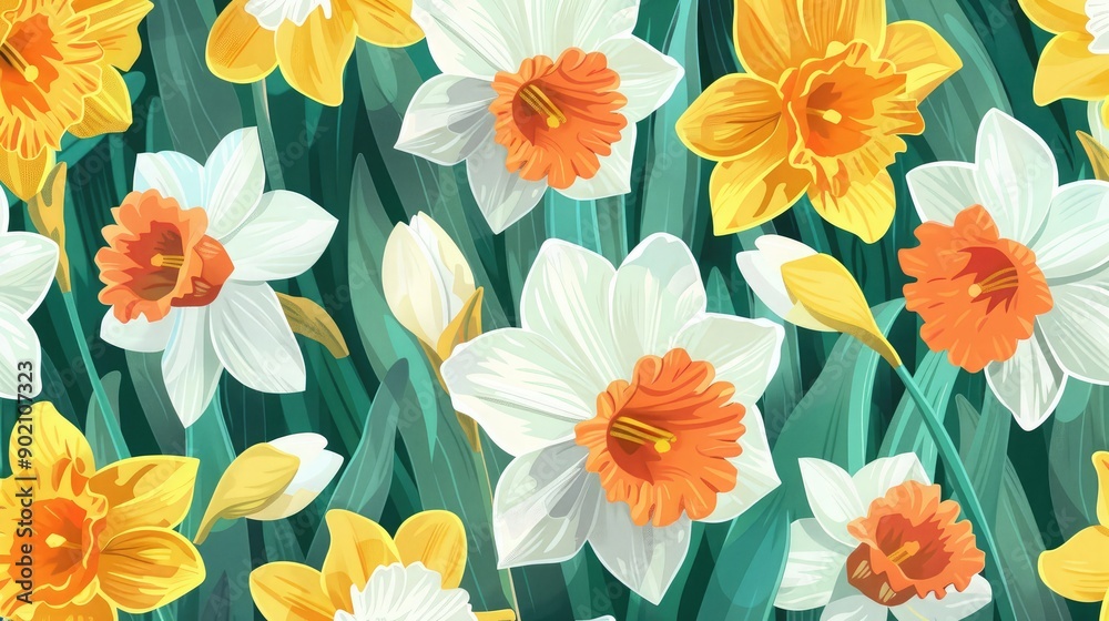 Bright seamless pattern of cheerful daffodils. Bright seamless pattern of cheerful daffodils.