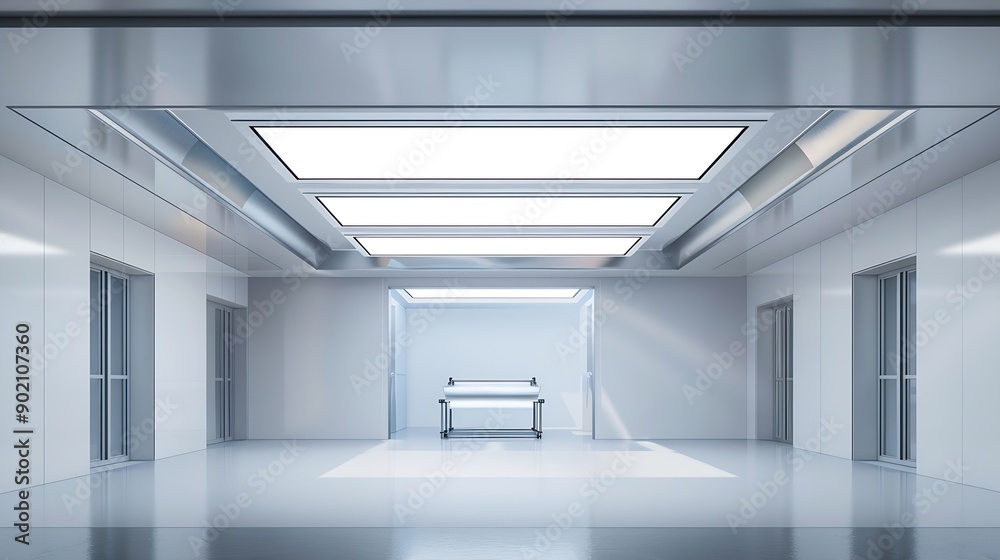 Fototapeta premium Interior of modern empty office buildingOpen ceiling designEquipped with automatic lifting table and LCD screen : Generative AI
