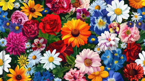 Bright seamless pattern of fresh garden flowers.