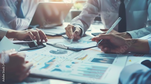 Office expert and business people in meeting teamwork and planning with feedback for funding proposal Accounting broker and employees with conversation review finances and trading with : Generative AI