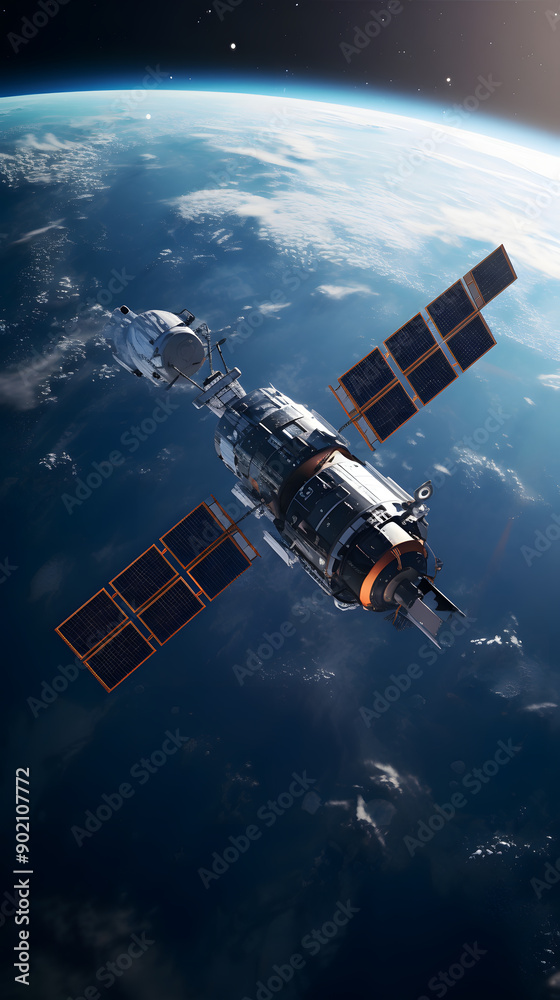 A satellite orbits Earth, showcasing its solar panels and a glimpse of the planet's blue surface and white clouds. A satellite orbits Earth, showcasing its solar panels and a glimpse of the planet's blue surface and white clouds.