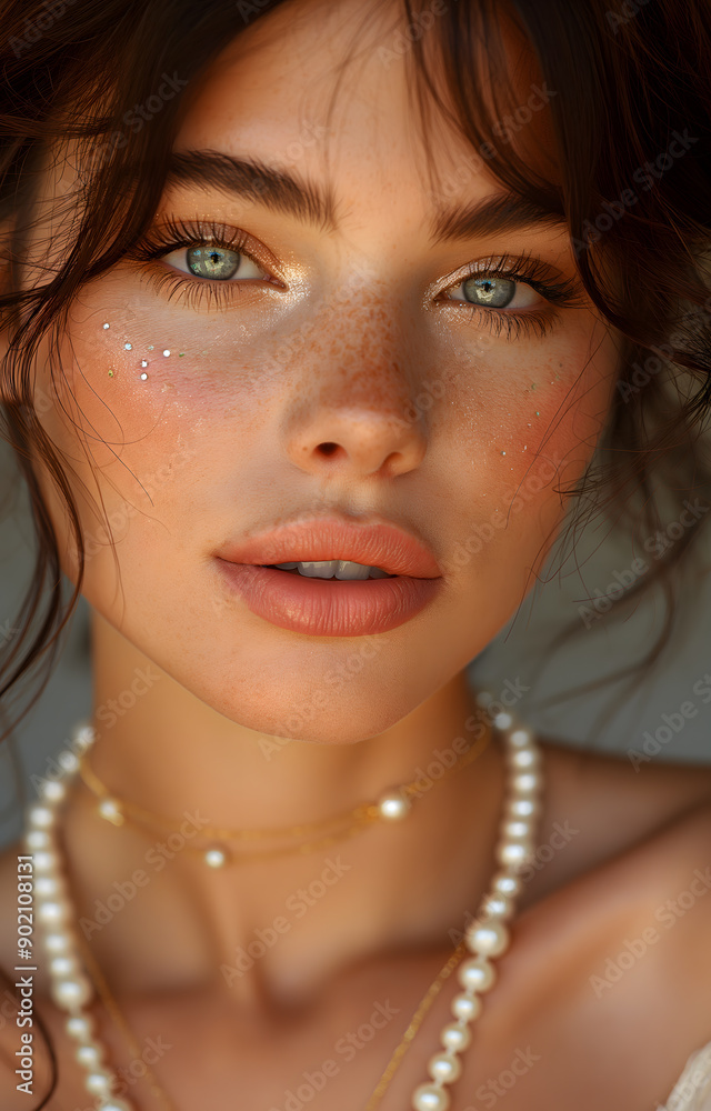Captivating close-up portrait of a woman with striking blue eyes and a subtle smile, adorned with delicate pearl necklaces, showcasing a natural yet radiant makeup look Captivating close-up portrait of a woman with striking blue eyes and a subtle smile, adorned with delicate pearl necklaces, showcasing a natural yet radiant makeup look