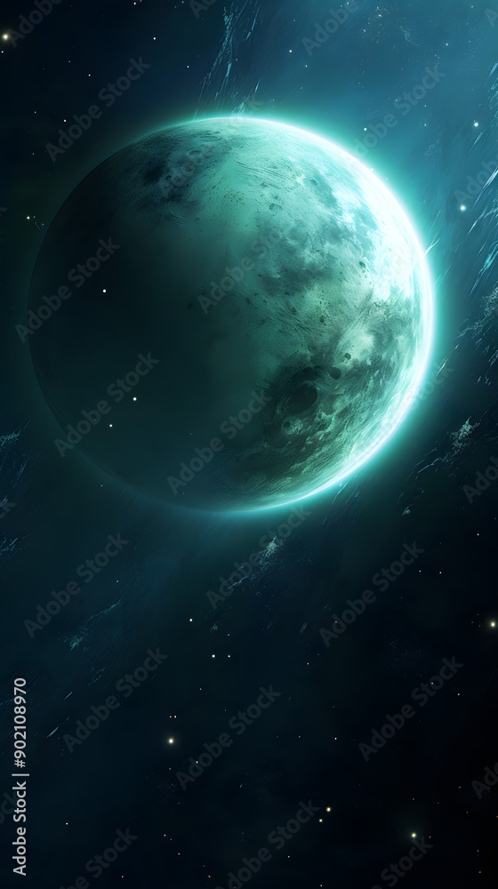 Obraz premium A glowing green planet in a dark starry space. The planet has a bright, white rim and appears to be in a close orbit.