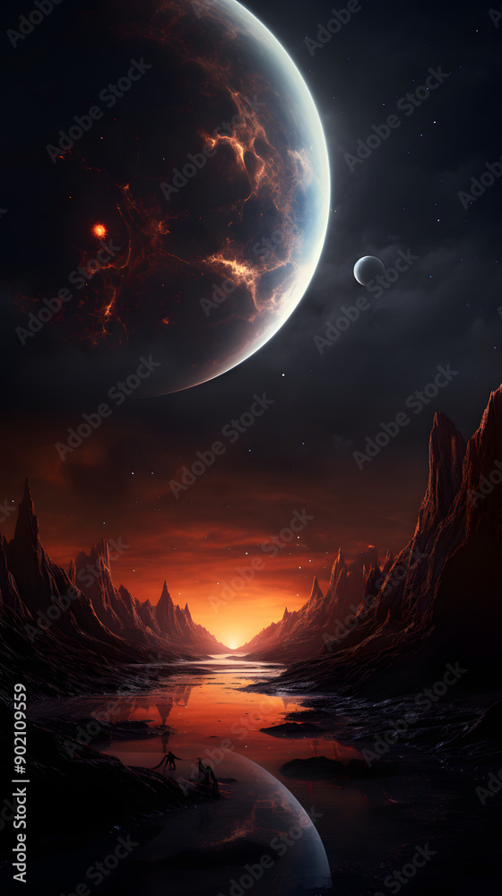 A fiery planet dominates the sky above a rocky, alien landscape, casting an orange glow on the water. A smaller moon is visible in the distance. A fiery planet dominates the sky above a rocky, alien landscape, casting an orange glow on the water. A smaller moon is visible in the distance.