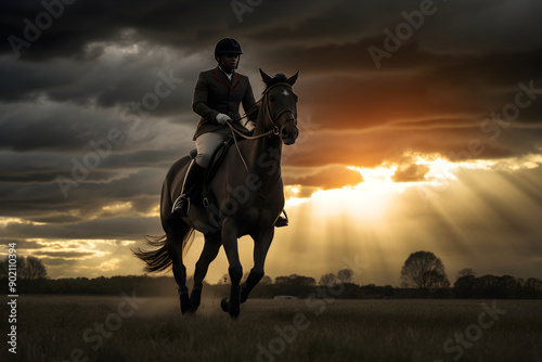 Twilight gallop: A horse and rider in harmonious stride across a verdant landscape photo