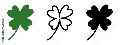 Four leaf clover flat vector icon set isolated on transparent background.