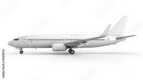 Side view of white commercial airplane in flight isolated on white. Travel and technology concept