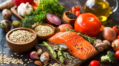 Nutritious and balanced meal with a variety of vegetables, whole grains, and lean proteins, arranged to highlight mindful eating and a healthy diet