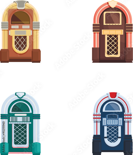 Four colorful classic jukebox machines isolated on white background, retro music concept