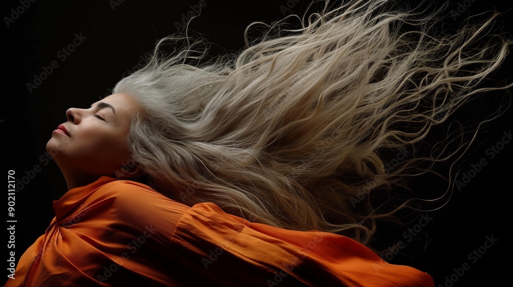 A woman with long, flowing silver hair against a dark backdrop. A woman with long, flowing silver hair against a dark backdrop.