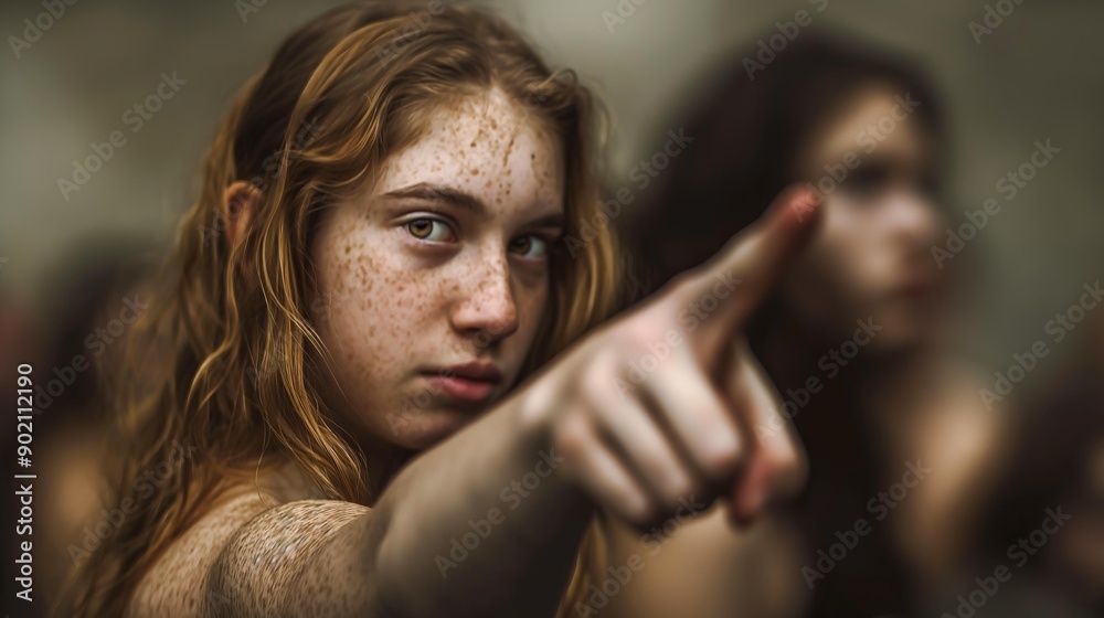 A young woman with freckles and long red hair points her finger directly at the camera with a determined look on her face. A young woman with freckles and long red hair points her finger directly at the camera with a determined look on her face.