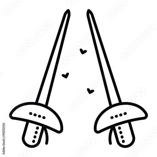 Two swords, black line icon, love to fencing. Vector monochrome illustration, editable stroke