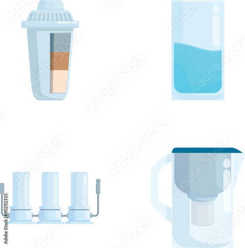 Illustrated icons of a water filter, glass of water, water purification system, and jug filter