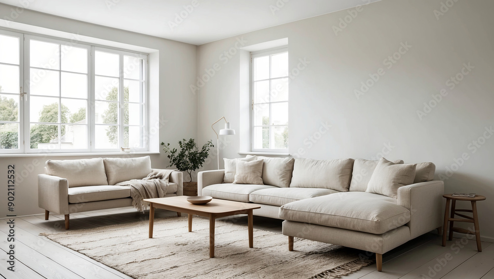 Scandinavian minimalist living room interior with clean lines and neutral colors. Soft cream colored sofa, combined with a wooden coffee table and comfortable carpet Scandinavian minimalist living room interior with clean lines and neutral colors. Soft cream colored sofa, combined with a wooden coffee table and comfortable carpet