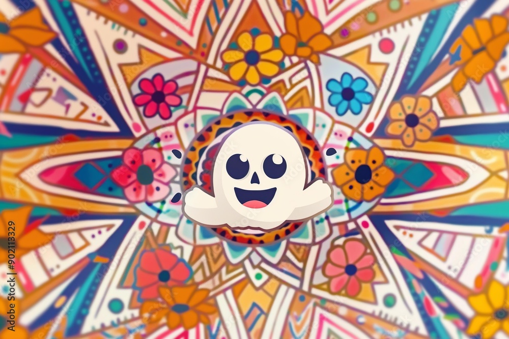 A happy cartoon ghost with a skull face smiles against a colorful patterned backdrop. A happy cartoon ghost with a skull face smiles against a colorful patterned backdrop.
